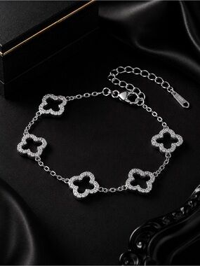 Silver Clover Link Bracelet with Crystals